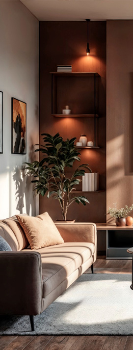 Modernes Wohnzimmer mit braunen Wänden, zwei Sofas, großem Fenster, Wandkunst und Zimmerpflanzen, warmes Licht.